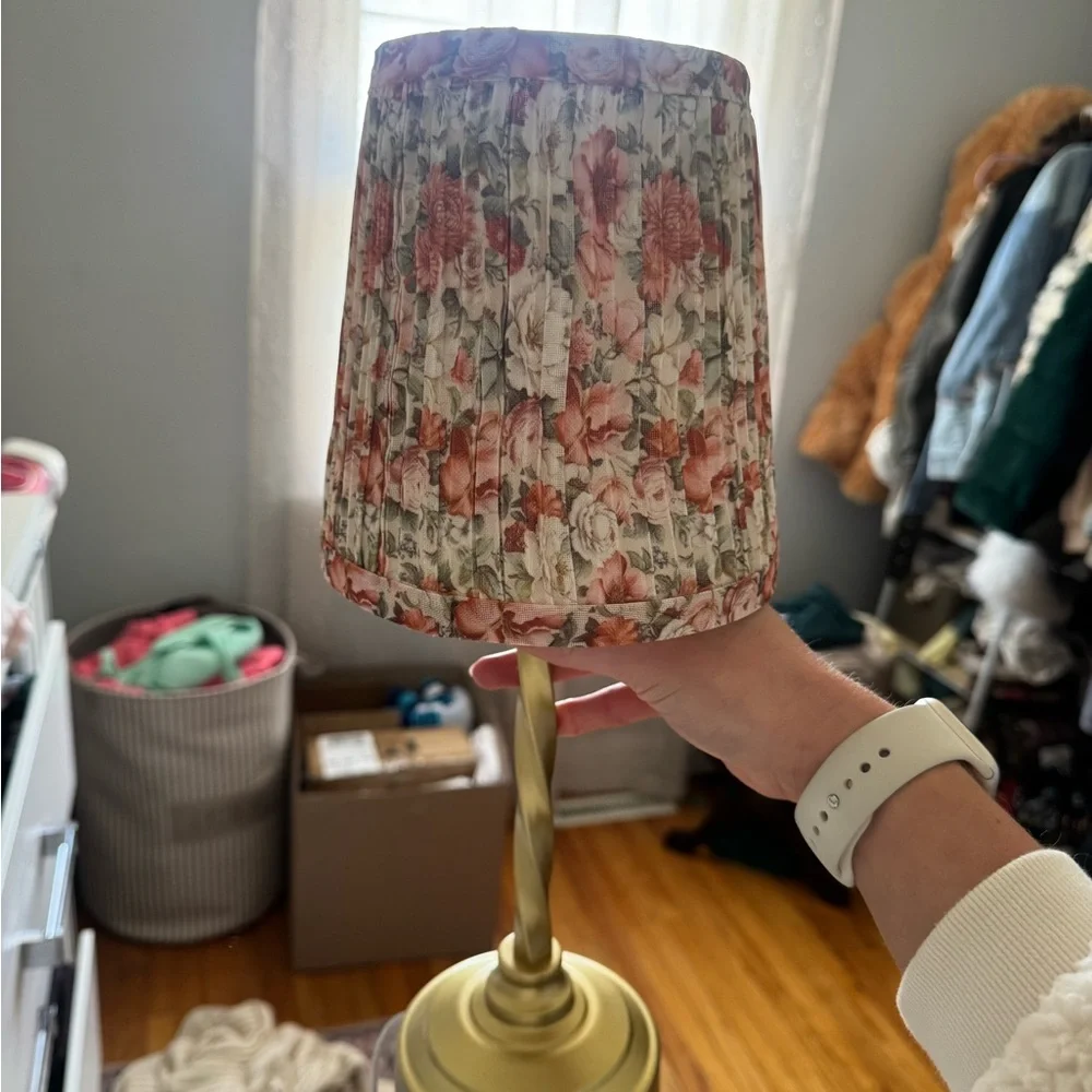 Gold Table Lamp with Floral Pink Shade - Home Accents